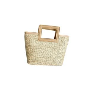 Straw Top Handle Bag Summer Beach Small Tote Handbags Khaki One-Size :P